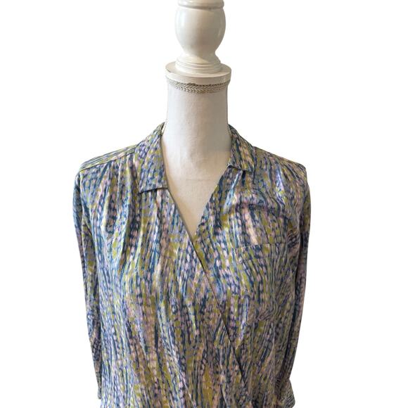 Pilcro Tisha Surplice Long Sleeve Collared Blouse Top Blue Print M - Picture 4 of 11